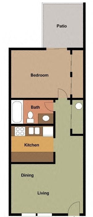 Floor plan for 1 bed, 1 bath, 595 sqft